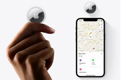 Hand holding Apple Air Tag (left) and phone next to Apple Air Tag for size comparison (right)